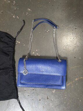 DKNY Blue Saffiano Leather Crossbody Shoulder Bag | Silver Chain